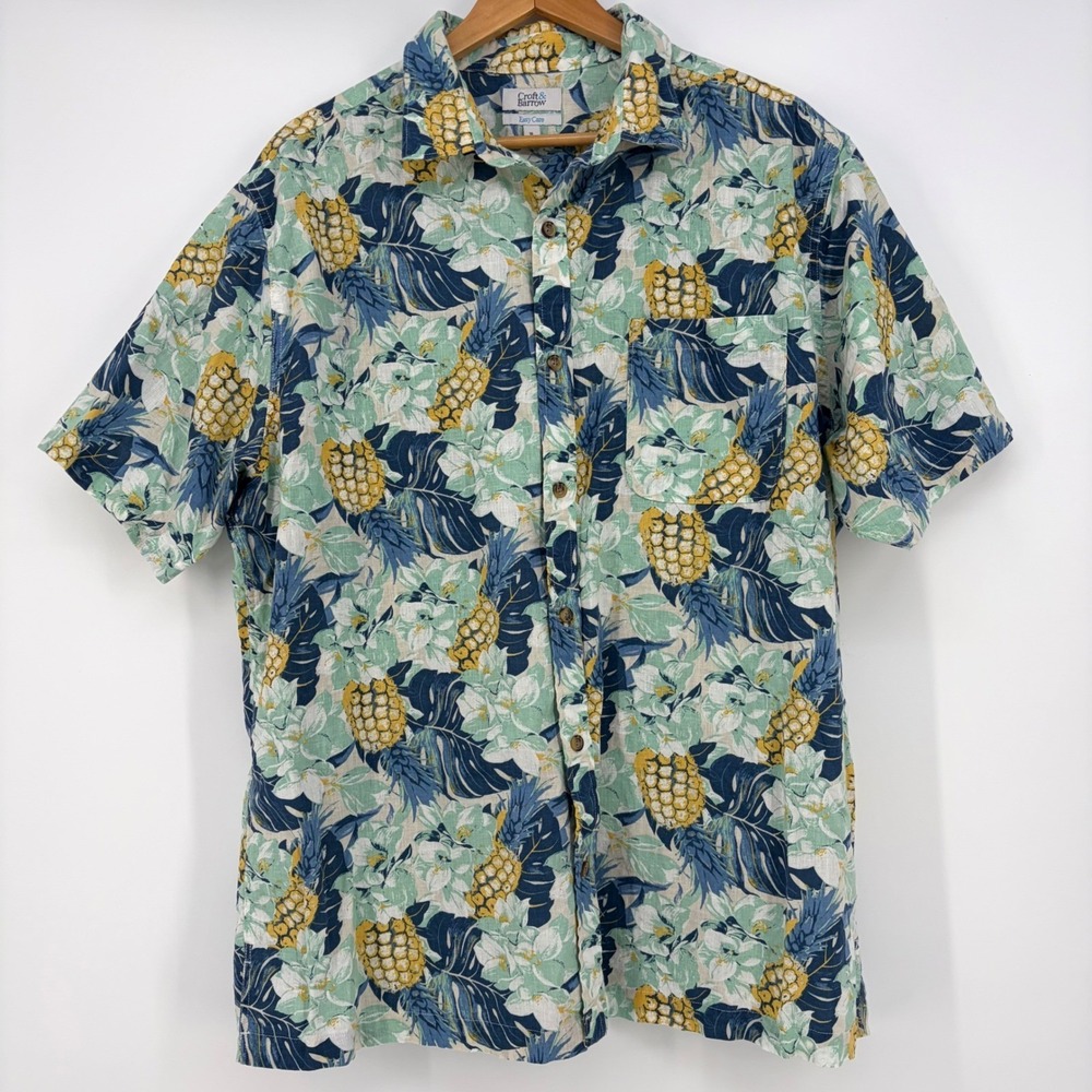 Mens XL Pineapple Floral Linen Blend Button Down Shirt Blue Green Beach Tropical